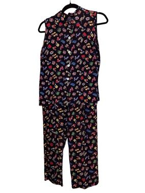 Twyla Blu Women’s 2pc Summer Coord Set Campy Flowy Flip-Flop Handbag Print sz M